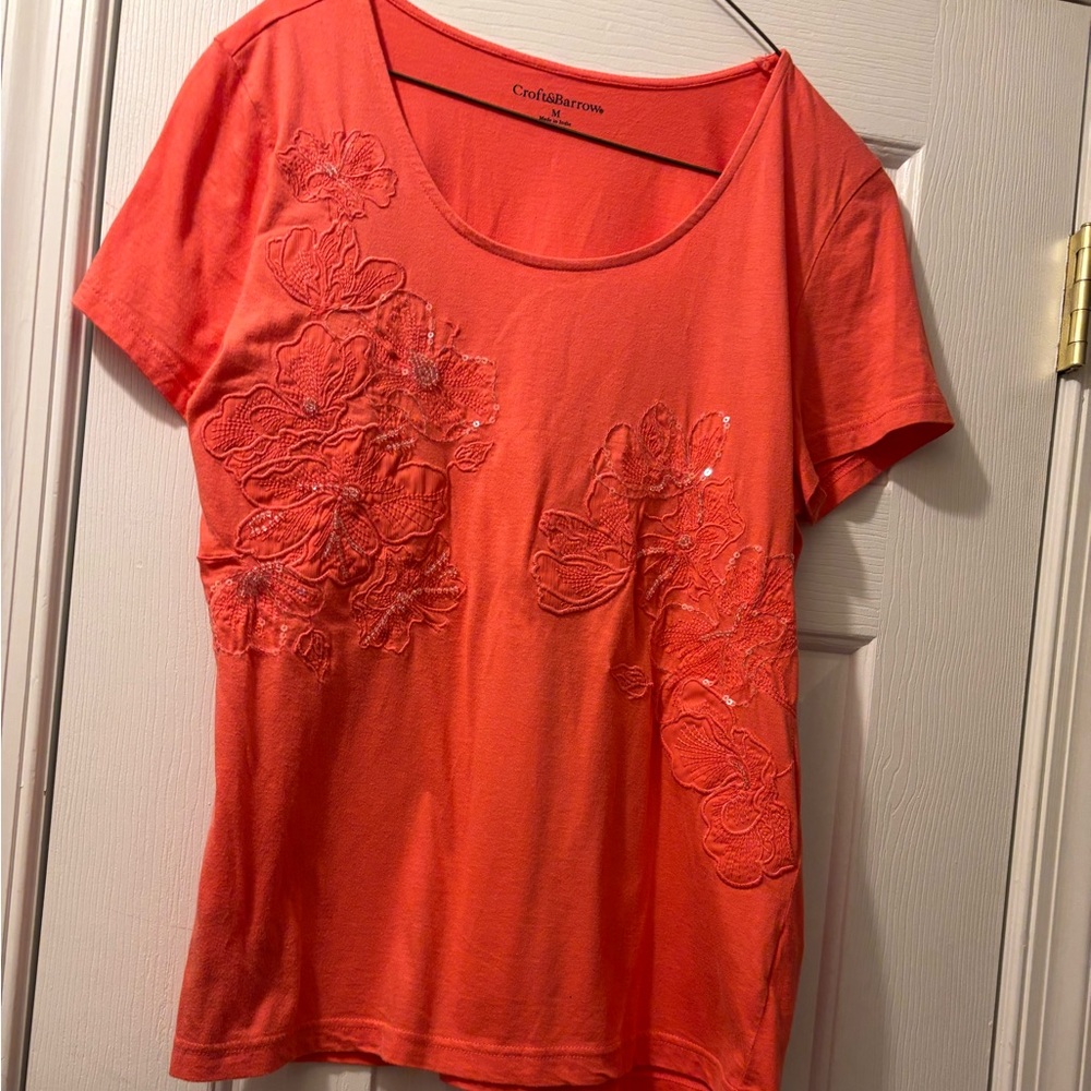 Croft & Barrow Women's Embellished M Coral Top
